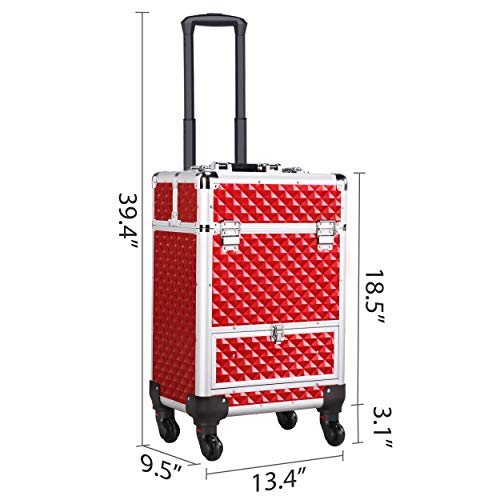 Yaheetech Rolling Makeup Train Case Aluminum Cosmetic Case With Wheels Barber Case Salon Lockable Travel Trolley With Sliding Drawers Removable Divider, Red #TOP5