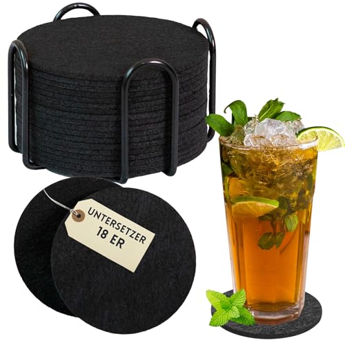 Emmy Home Untersetzer Gläser 18er Set Schwarz mit Metallhalter Runde Tassenuntersetzer 3 mm Glasuntersetzer Filz Bierdeckel Tischuntersetzer für Bar Küche Büro Modernes Zubehör & Geschenkidee