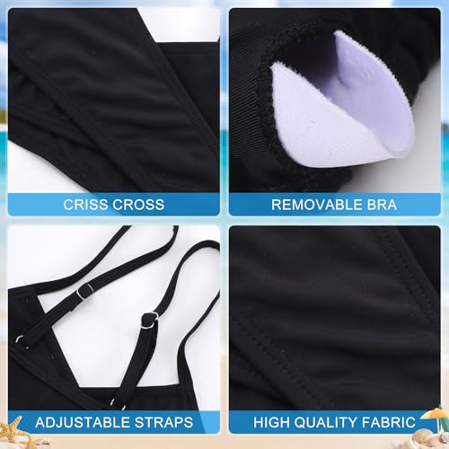 InfiniZer Mädchen Bikini Set, Kreuzgurte Badeanzüge für Mädchen, Zweiteiliges, Unifarbenes Mädchen Schwimmbekleidung für 6-15 Jahre (DE/NL/SE/PL, Alter, 10 Jahre, 11 Jahre, Regular, Schwarz)