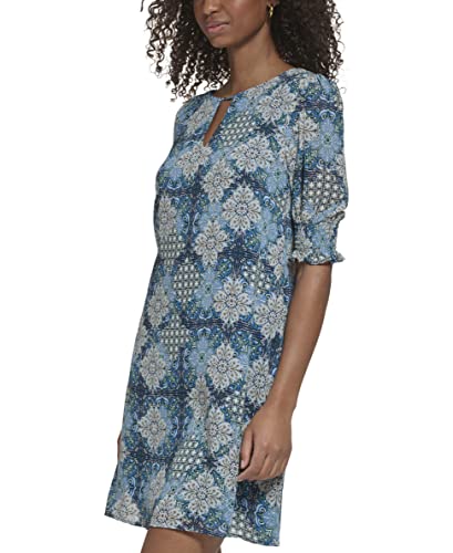 Jessica Howard Women's Tile Print Chiffon Shift Mini Dress with Elbow Sleeves3