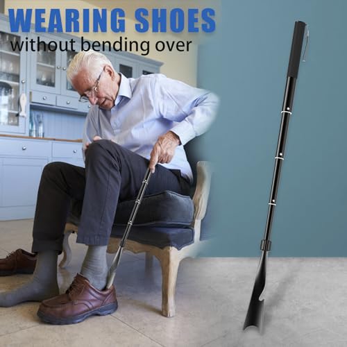 VIVEBEI Shoe Horn Long Handle, 16.9\'\' - 37.4\'\' Telescopic Metal Shoe Horn with Trouser Hook and Sock Removal Aid, Adjustable Long Shoehorn for Seniors Men Women Kids