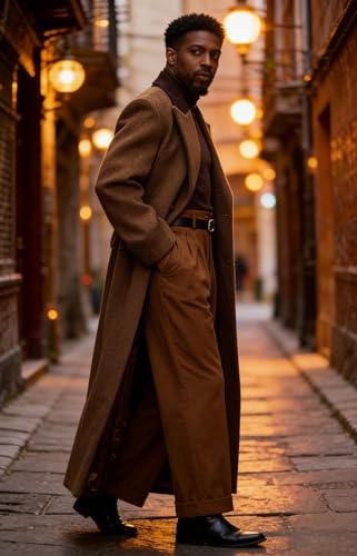 Image of Man's Double Breasted Full Length Trench Coat Casual Corduroy Collar Long Jacket Peacoat Wool Blend Winter