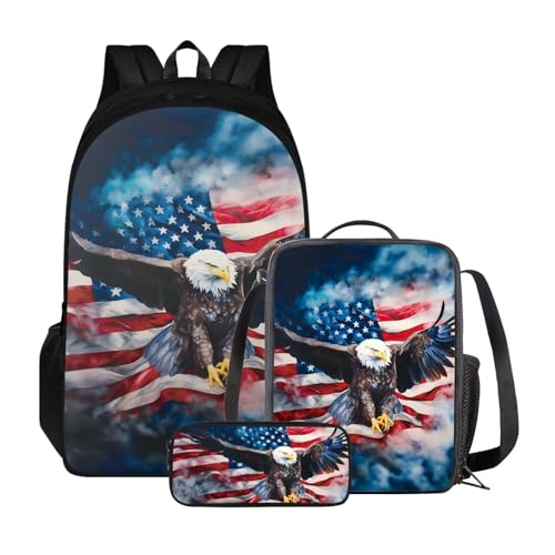 Set di 3 zaini per la scuola con borsa per il pranzo e astuccio zaino per libri universitari per studenti allaperto Vintage Bandiera Usa Aquila Taglia unica Zaini Daypack