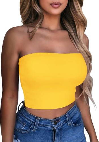 Summer Tube Tops Crop Tops for Women Strapless Bandeau Shirts,Yellow,S
