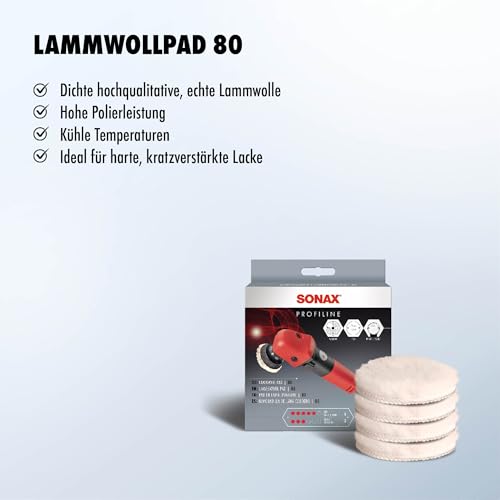 SONAX LammwollPad 80 mm (4 Stück) dichtes, hochwertiges Pad aus Naturwolle zum maschinellen Polieren von Lacken | Art-Nr. 04941410