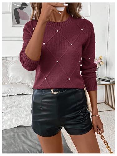 Image of Verdusa Women's Business Casual Outfits Elegant Holiday Sweaters Pearl Long Sleeve Textured Knit Pullover Tops