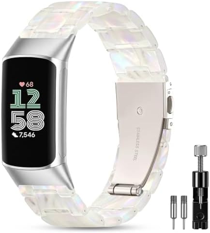 Sunnyson Resin Band Compatible with Fitbit Charge 6/ Fitbit Charge 5, Waterproof & Lightweight Wristband Strap Blacelet with Stainless Steel Buckle, Fashion Strap for Fitness Tracker Women