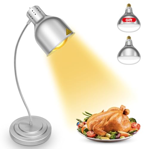 Carivia Food Heat Lamp, Commercial Food Warmer Lamp Includes 250W Infrared Bulb, 110V Stainless Steel Heat Lamps for Food Warming in Restaurant, Buffet, Catering, Home (Silver, 2 Bulbs)