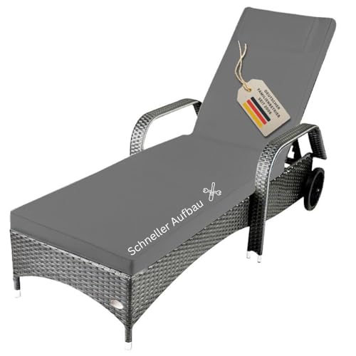 RS Trade Sonnenliege Gartenliege Toscana Wetterfest mit Rollen – Polyrattan Rattan Liege Outdoor mit Armlehne, Verstellbare Relaxliege für Garten, Terrasse, Balkon, grau mit Grauer Auflage & Kissen