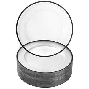 Goodluck 12-Inch Charger Plates, 50 Pack Clear Charger Plates with Black Trim, Black Chargers for Dinner Plates, Plastic Charger Plates Bulk for Dinner, Wedding, Party, Table Decoration