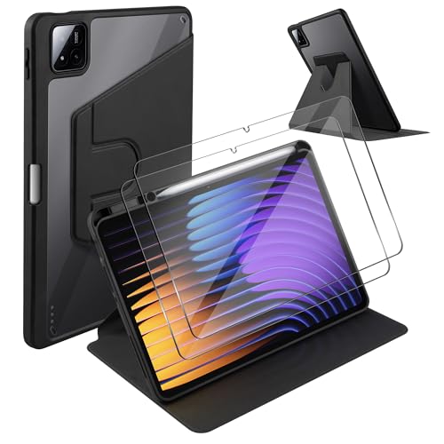 NEWZEROL Schutzhülle + 2 Stück Displayschutzfolie aus Gehärtetem Glas Kompatibel für Xiaomi Pad 7/Pad 7 Pro/Pad 8/Pad 8 Pro 11.2 Zoll Kratzfeste 9H Ultra Klar Schutzfolie 360 Grad Drehbare Hülle