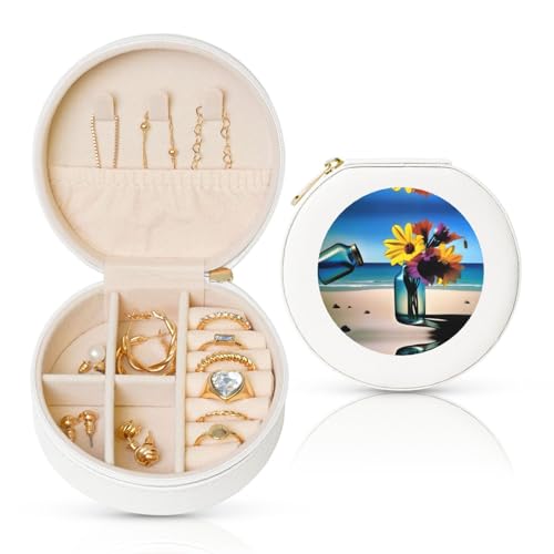 Vase en verre avec fleurs - Boîte à bijoux de voyage pour femme - Pour collier, boucles d'oreilles, bagues et accessoires - Blanc rond