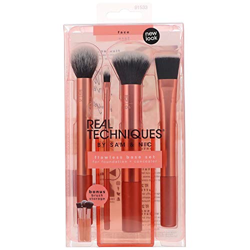 Real Techniques Flawless Base Brush Set With Ultra Plush Custom Cut Synthetic Bristles and Extended Aluminum Ferrules to Build Coverage, A Brush for Every Makeup Application Need