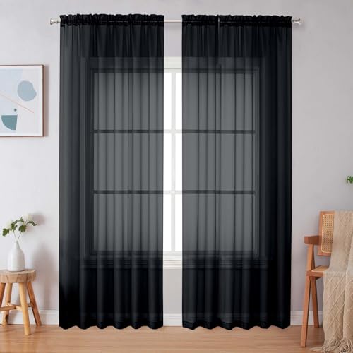 Image of Simplebrand Black Sheer Curtains 90 Inches Long, Light Filtering Rod Pocket Solid Color Window Sheer Curtain Panels, Elegant Curtains & Drapes for Living Room, Bedroom 2 Panels (Black, 59 inch W x 90 inch L)
