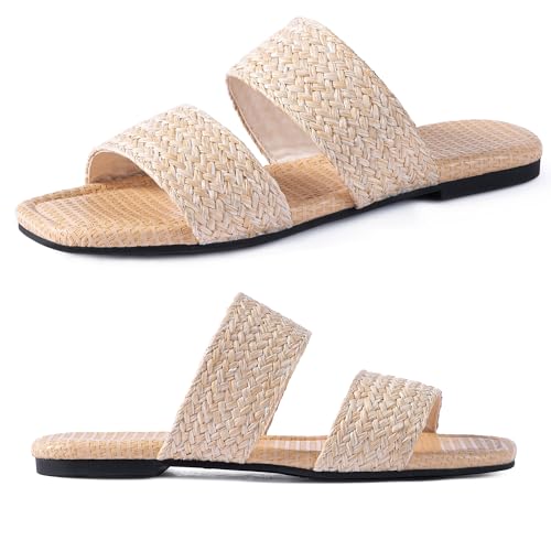 Image of Mtzyoa Women Flat Sandals Raffia Braided Summer Straw Dressy Casual Vacation Bohemian Cute Beach Comfy Slip On Slides