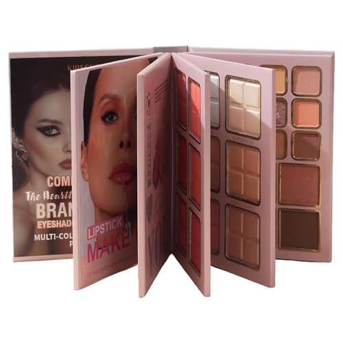Libro de maquillaje con paleta de sombras mate, iluminador, rubor y lápiz labial multicolor