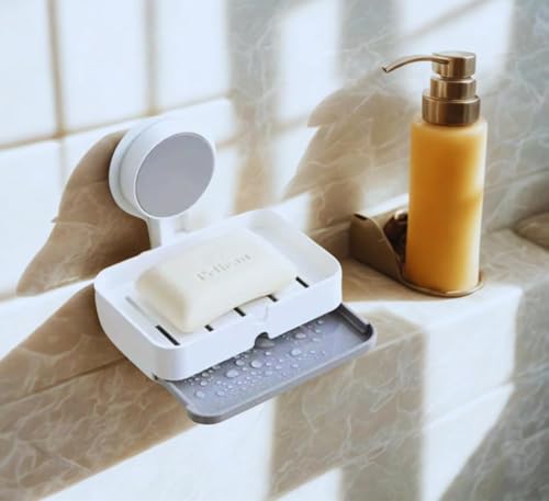 Image of Wall-Mounted Soap Holder with Waterproof Adhesive, Premium ABS Plastic, Removable Drain Tray, White