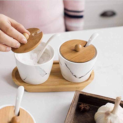 Pots à épices en verre, Pots à épices avec étiquette Ensemble de pots d'assaisonnement en céramique marbrée créative japonaise, boîte d'assaisonnement de cuisine, plateau en bois, couvercle en bois, h