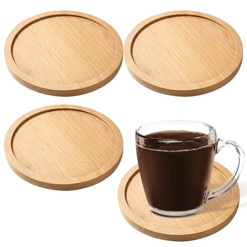 SHENLIU Lot de 4 assiettes en bois - Assiettes rondes de 10 cm - Dessous de verre en bambou - Bougeoirs en bois pour bougies piliers, bougies de baptême,...