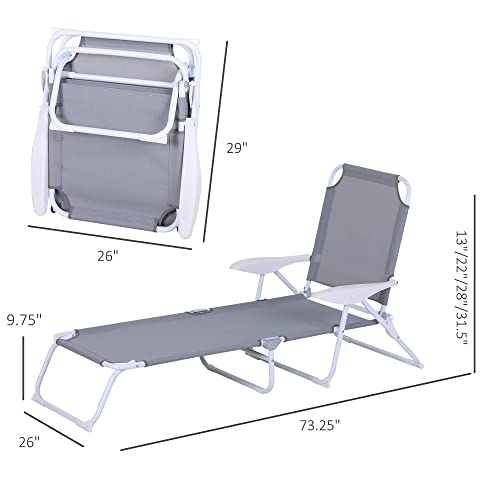 Outsunny Folding Chaise Lounge, Outdoor Sun Tanning Chair, 4-Position Reclining Back, Armrests, Iron Frame & Mesh Fabric For Beach, Yard, Patio, Gray #TOP2
