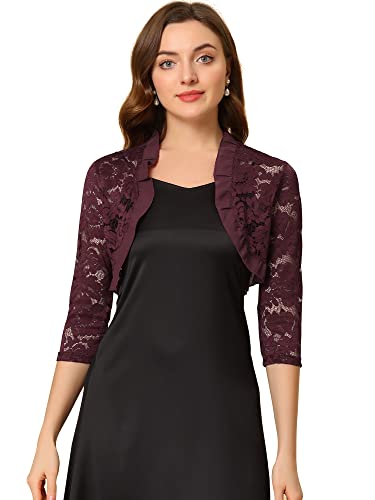 Image of Allegra K Women's Elegant Lace Cardigan Ruffle Collar Crop 3 /4 Sleeve Sheer Bolero Floral Lace Shrug Top