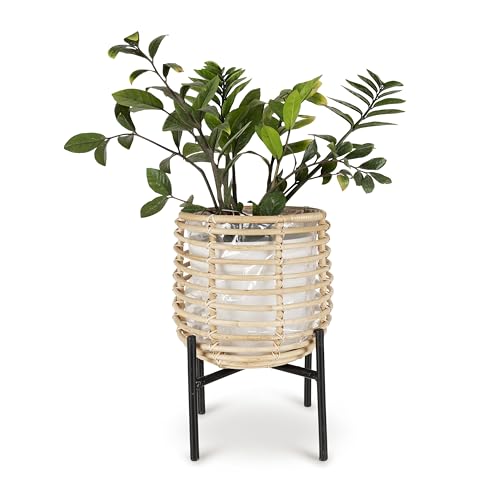 Olly & Rose Plant Stand Natural Rattan and Iron 24cm Diameter Large Planter Stand Plant Pot with Stand for Medium and Large Plants and Flower Arragements with Liner