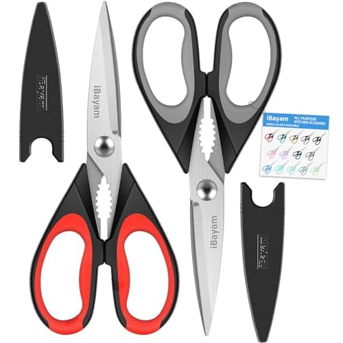 iBayam Kitchen Scissors All Purpose Heavy Duty Meat Poultry Shears, Dishwasher Safe Food Cooking Scissors Stainless Steel Utility Scissors, 2-Pack (Black Red, Black Gray)