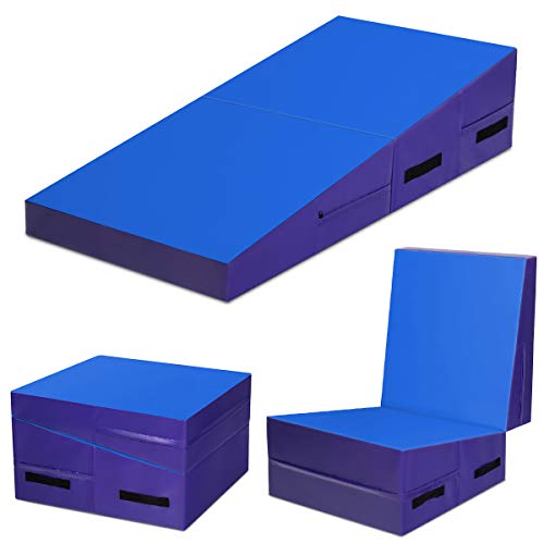 Giantex Folding Incline Gymnastics Mat, w/Carrying Handles, Cheese Wedge Gymnastics Tumbling Mat for Kids Play, Home Exercise, Aerobics, Gymnastics Training (Blue)