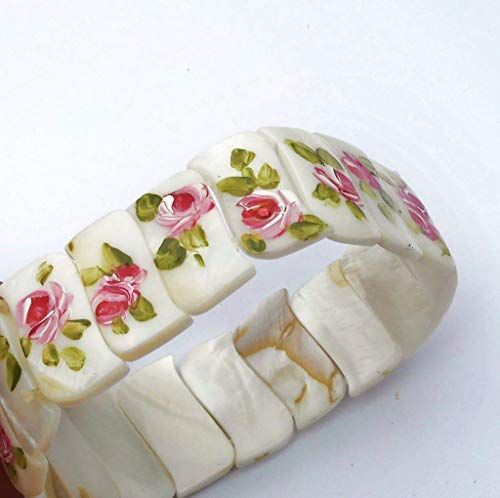 Mother Of Pearl Shell Bead Adjustable Stretch Beaded Cuff Bracelet With Hand Painted Pink Roses Jewelry For Women #TOP4