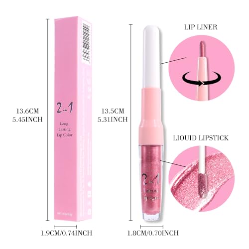 Image of evpct Warm Pink Metallic Glitter Lip Liner and Lipstick Combo Lip Gloss Stain Set Makeup for Women Long Lasting Waterproof 24, Baby Pink Metallic Shimmer Frosted Iridescent Glossy Liquid Lipstick 12