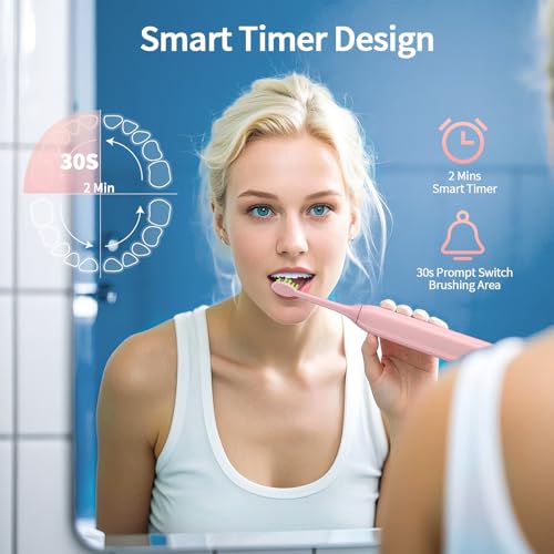 Elektrische Zahnbürste für Erwachsene mit 6 Dupont Bürstenköpfen, 42000 VPM Schallzahnbürste, 4 Putzmodi, 120 Tage ultra-lange Akkulaufzeit, IPX7 Wasserdicht, 2 Minuten Smart Timer (Rosa) – Bild 8