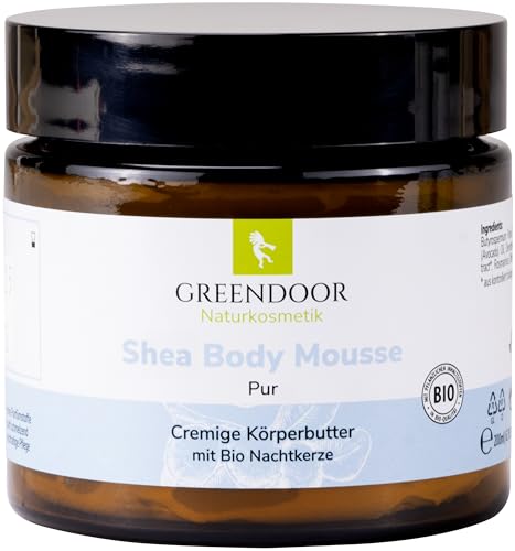 GREENDOOR parfümfreie vegane Natur Körperbutter 200ml im Glastiegel, Bodymousse PUR Body-Butter ohne Parabene Duftstoffe, Naturkosmetik mit BIO Sheabutter, natürliche Hautpflege, Haut Körper-Creme