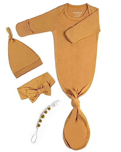Image of Newborn Baby Knotted Gown, Super Soft Silky Infant Long Sleeve Sleeper for Baby Girl and Boy Sleeping Bag with Mittens and Hat & Bowknot Set (Extra Long),Coming Home Outfit
