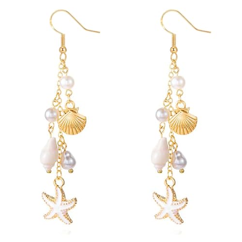 Summer Earrings for Women 2025, 925 Sterling Silver Hypoallergenic Gold Seashell Pink Starfish Pearl Earrings for Women Boho Beach Gold Conch Bohemia Sea Shell Ocean Scallop Trendy Jewelry