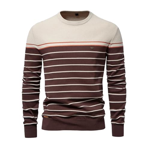 Mens O-Neck Cotton Pullover Sweater Striped Casual Knitted Long Sleeve Top