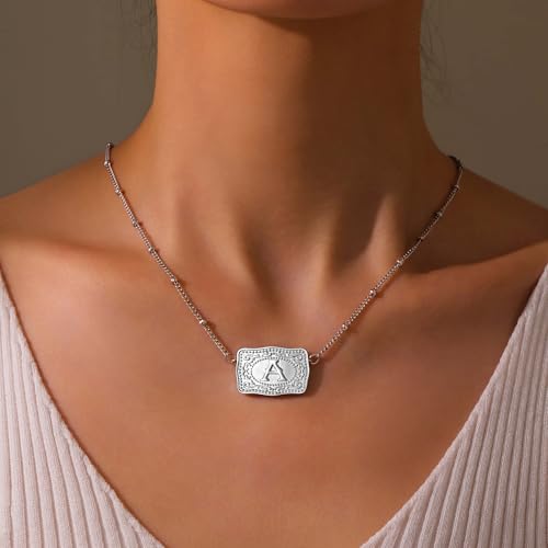 Gold Silver Initial Necklace for Women, 18K Gold Plated Mini Belt Buckle Initial Necklace, Letter A-Z Pendant Charm Necklace Unique Western Jewelry Gifts for Women Men3