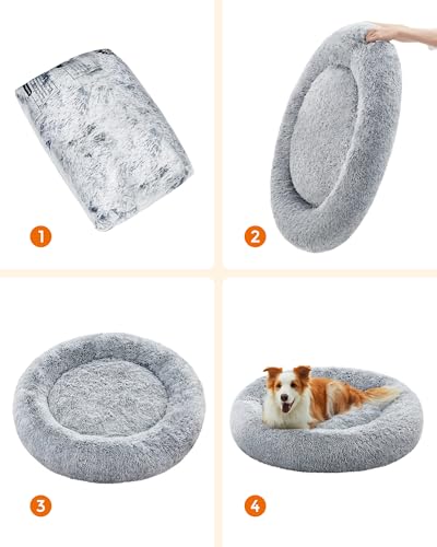 Feandrea Hundebett flauschig, Katzenbett, Donut Kissen, waschbar, Polsterung in der Mitte herausnehmbar, Langer Plüsch, 100 cm Durchmesser, Ombré-Grau PGW042G01