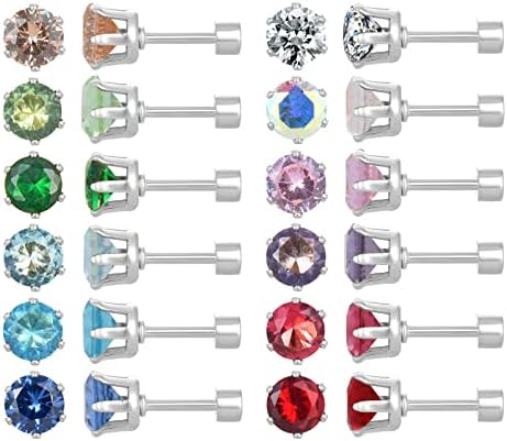 12 Pairs 18K Gold Plated Surgical Stainless Steel Stud Earrings, Flat Back Screw Back Cubic Zirconia Stud Earrings for Women, Silver CZ Brithstone Stud Earrings Set (Silver 4mm)