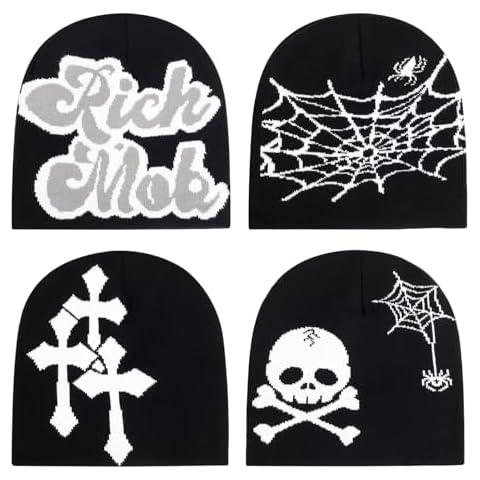 Qlauca 4Pcs Y2k Beanie Winter Knitted Graphic Beanie Warm Y2k Hat for Women Men Cover