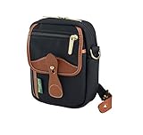 Padded main compartment A zipped front flap pocket, zipped side pocket, and front and rear slip pockets. Brass Hardware; Leather Trim Removable Shoulder Strap; Belt Loops Dimensions : 7.25 x 3.1 x 8.6"