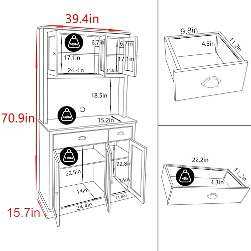 VEIKOU 71\" Kitchen Pantry Cabinet Buffet Hutch, Freestanding Pantry Cabinet with 2 Adjustable Shelves & Glass Doors, Tall Pantry Cabinet with Large Countertop, White