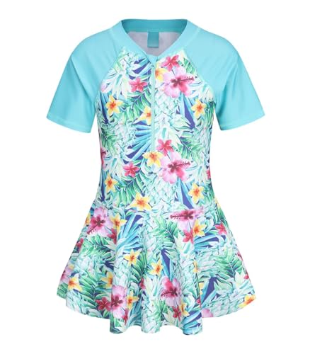 Image of Girls One Piece Swimsuits Short Sleeve Swim Dress for Girls Hawaiian Skirted Bathing Suit Summer Swimwear 3-16 Years