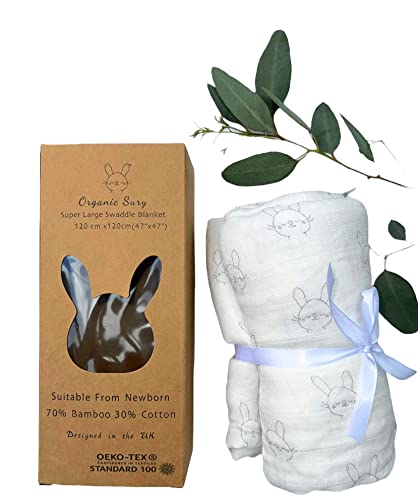 Organic Sury 70% Bamboo 30% cotton Blanket for Multi Use suitable for newborn to toddler. 120 * 120 cm 47x47 Extra Large Unisex neutral prints for Stroller cover, Swaddling, Bath towel and more