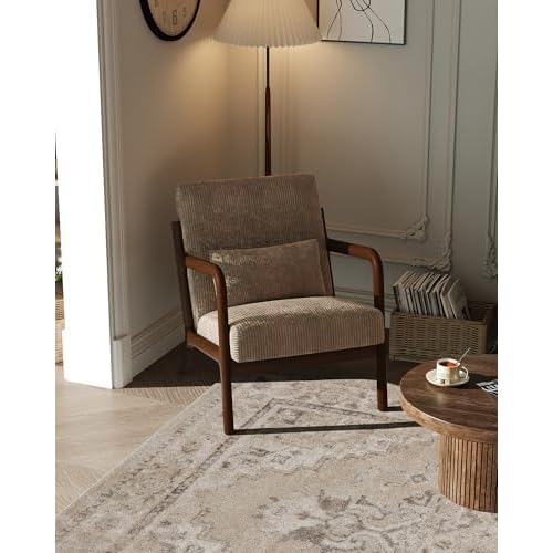 Garvee Mid-Century Modern Accent Chair, Wide-Wale Corduroy Upholstery, Solid Wood Armchair with Removable Lumbar Pillow, Sturdy Reading Chair for Living Room, Bedroom, Guest Room, Easy Assem