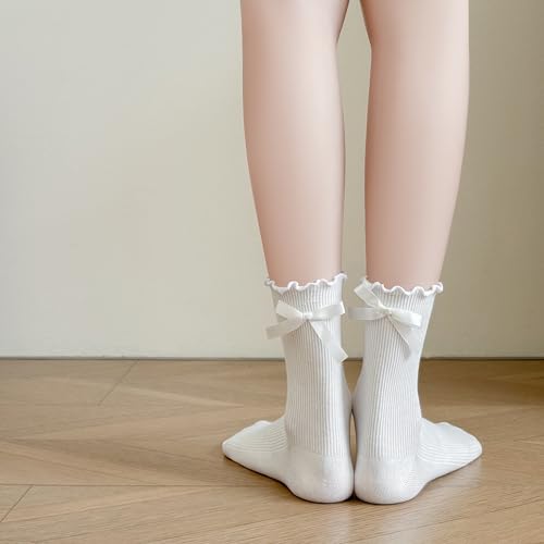 Image of Womens Bow Socks Ruffle Casual Crew Black Whitte Soft Breathable Cotton 4 Pairs Socks