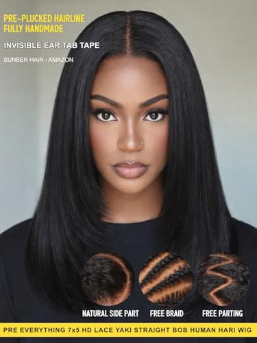Image of Sunber Yaki Straight Bob Layered Cut with Face Framing Layers 7X5 Lace Part Bob Wig Human Hair Bye Bye Slip Glueless Wig with Silicone Strips Drawstring 180% Density Bleached Knots Pre Plucked 14inch