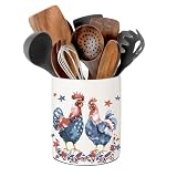 BOXJINCO Rooster Kitchen Decor, Ceramic Utensil Holder Rooster Decor, 6.5 Inch Farmhouse Indoor Kitchen Decorative Utensil Rack For Spoon Storage And Cooking Tools
