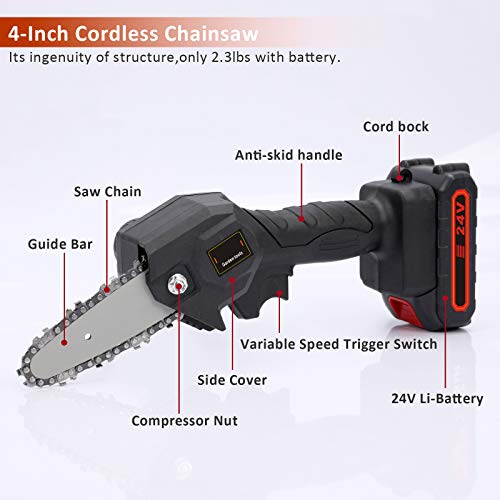 Mini Chainsaw, 4 Inch Cordless Electric Chainsaw Battery Chain Saw, One-Hand Handheld Chainsaw with Brushless Motor, Portable 24V Tree Saw for Courtyard Tree Branch Wood Cutting