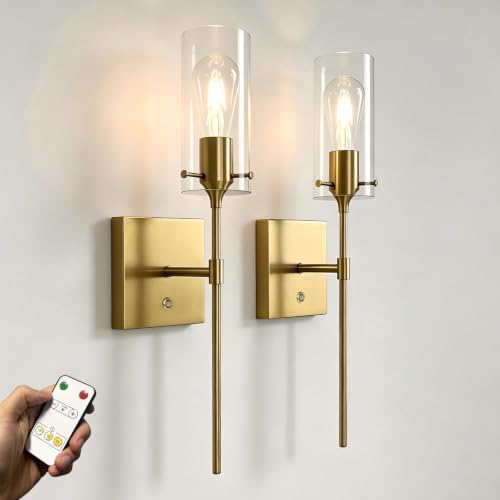 Image of Battery Operated Wall Sconce with Remote Control, Dimmable Wall Mounted Light Set of Two Rechargeable, Gold Cordless Wall Lamp for Bedroom Bathroom Kitchen Vanity Mirror, Bulb Included