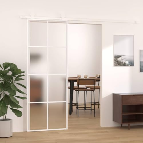 Iiaky Puerta Corrediza de Vidrio Puerta Corredera Deslizante de Cristal Seguridad Puerta corredera ESG Vidrio y aluminio-Blanco-76 x 205 cm/Esmerilado